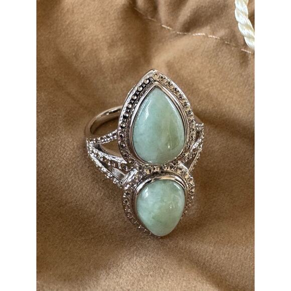 QVC Sterling Silver Double Pear Shaped Green Stone Elongated Jade Ring Sz 8.5 9 - Picture 9 of 10